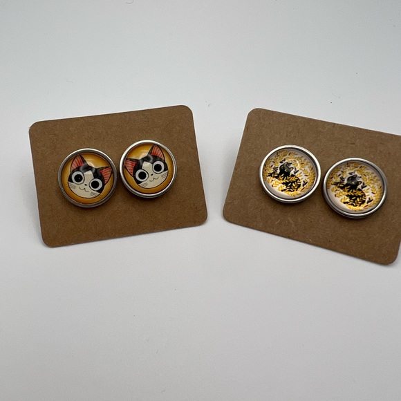 Classic Cat Stud Earring Set - Trendy Cute Cat Round Stud Earrings - Picture 7 of 10